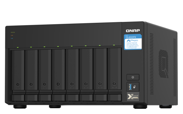 QNAP TS-832PX-4G 176TB (Seagate Exos) - 8-Bay NAS AL324 64-bit quad-core 1.7GHz 4GB DDR4 SODIMM RAM (1 x 4GB max 16GB) 8 x 3.5"/ 2.5" drive slots 2 x 10GbE SFP+ LAN 2 x 2.5GbE LAN 3 x USB 3.2 Gen1 1 x PCIe 2.0 x2 slot hardware encryption TL/TR expansion