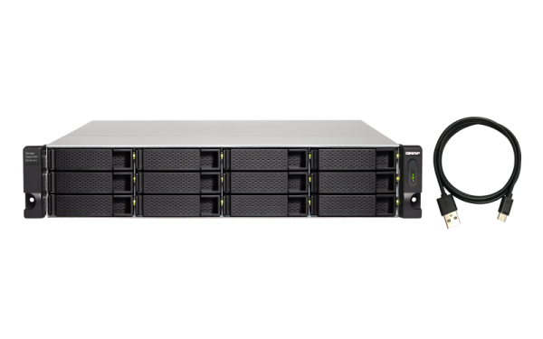 QNAP TL-R1200C-RP 144TB (WD RED PLUS) 12-bay 2U rackmount USB-C 3.1 Gen2 10Gbps JBOD expansion unit redundant PSU with a 1-meter USB-C to USB-A 3.1 Gen2 cable.