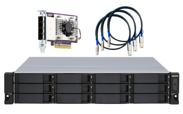 QNAP TL-R1200S-RP 144TB (WD RED PLUS) 12-bay 2U rackmount SATA JBOD expansion unit redundant PSU with a QXP-1600eS PCIe SATA host card and 3 SFF-8088 to SFF-8644 SAS/SATA 6Gb/s external cables.