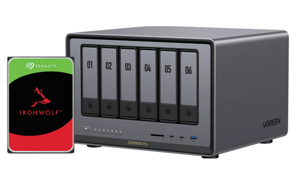 UGREEN NASync DXP6800 Pro 48TB (Seagate Ironwolf) 6-Bay Thunderbolt NAS with Inte l 10-Core i5 CPU (Up to 4.40 GHz) 8GB DDR5 4x M.2 PCIe Slots 1x 2.5GbE 1x 10GbE 2 TBT4 SD Slot (Diskless)