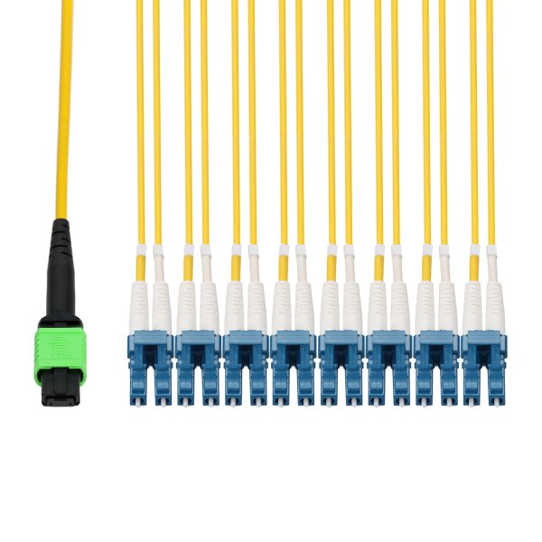 AddOn Networks 85m, MPO/APC to 8xLC/UPC, Yellow, OS2, OFNR (Riser-Rated), 16-Strand SMF Fiber Patch Cable
