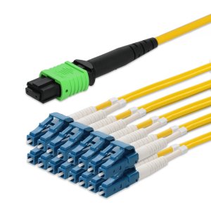 AddOn Networks 85m, MPO/APC to 8xLC/UPC, Yellow, OS2, OFNR (Riser-Rated), 16-Strand SMF Fiber Patch Cable