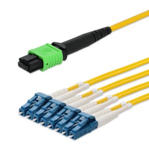AddOn Networks 60m MPO/APC to 4xLC/UPC Duplex Yellow OS2 OFNP (Plenum-Rated) 8-Strand SMF Fiber Patch Cable