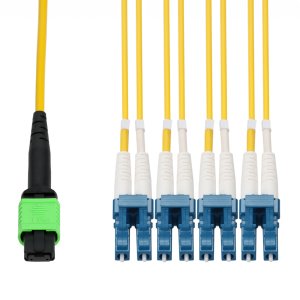 AddOn Networks 80m MPO/APC to 4xLC/UPC Duplex Yellow OS2 OFNP (Plenum-Rated) 8-Strand SMF Fiber Patch Cable