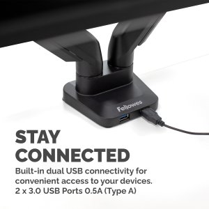 Fellowes Platinum Series Dual Monitor Arm - Monitor Mount for Two 8KG 40 Inch Screens - Adjustable Dual Monitor Desk Mount - Tilt 45° Pan 180° Swivel 360° Rotation 360°, VESA 75 x 75/100 x 100 - Black