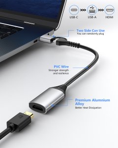 Equip USB to HDMI Adapter (USB-C + A), 1080P HD
