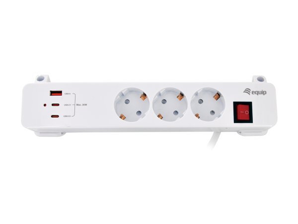 Equip 3-Outlet Clamp Power Strip with 3 x USB (2C + 1A)