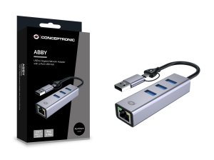 Conceptronic ABBY25G USB-C to Gigabit Network Adapter with 3-Port USB Hub