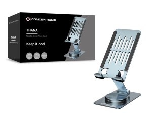 Conceptronic THANA08G Foldable Swivel Phone Stand, 360° Rotating Base, Adjustable Height