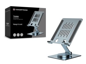 Conceptronic THANA09G Foldable Swivel Tablet Stand, 360° Rotating Base, Adjustable Height