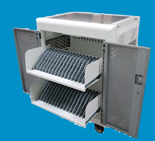 T32V - 32 bay storage & charging trolley for devices from 7"-16" screen sizes. Finished in a silver/white combination (Vertical storage)