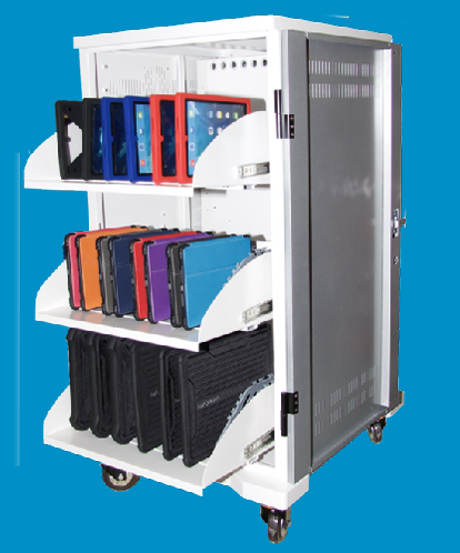 T36V - 36 bay storage & charging trolley for devices from 7"-16" screen sizes. Finished in a silver/white combination (Vertical storage)