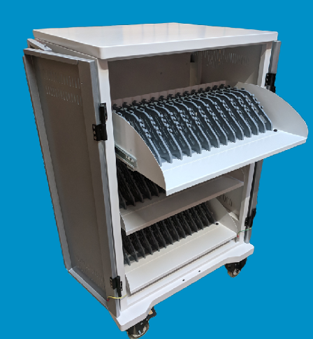 T42V - 42 bay storage & charging trolley for devices from 7"-16" screen sizes. Finished in a silver/white combination (Vertical storage)