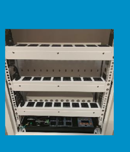 T42V - 42 bay storage & charging trolley for devices from 7"-16" screen sizes. Finished in a silver/white combination (Vertical storage)