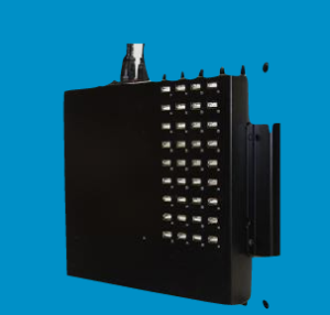 T42V - 42 bay storage & charging trolley for devices from 7"-16" screen sizes. Finished in a silver/white combination (Vertical storage)