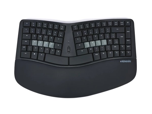 Kinesis Ergonomic mWave Quiet/Linear for PC/Windows Bluetooth Mechanical Keyboard for PC - UK Layout - Black. The mWave is a negative tilt fixed split tented design with integrated palm support. Supports simultaneous connection to 3 devices backlighting a
