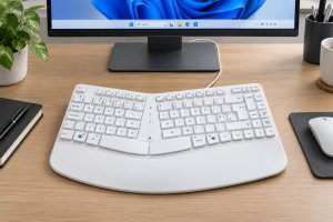 Accuratus Contour White - USB Type A/C Sculptured Ergonomic Split Key Multimedia Keyboard with Reverse Tilt PC & Mac