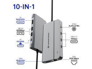 Conceptronic DONN34G 10-in-1 USB 3.2 Gen 2 MST Docking Station, 4K60Hz HDMI, 8K30Hz DisplayPort, GbE, USB-C 10Gbps x 3, USB-A 480Mbps x 2, Audio, 100W USB PD