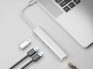 Equip USB-C to 3-port USB 3.0 Hubs with Gigabit adapter