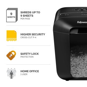 Fellowes LX Series Paper Shredder LX50 9 Sheet Cross Cut Shredder with 17 Litre Bin High Security P4 Black