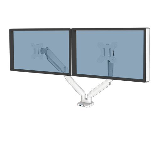 Fellowes Platinum Series Dual Monitor Arm - Monitor Mount for Two 8KG 40 Inch Screens - Adjustable Dual Monitor Desk Mount - Tilt 45° Pan 180° Swivel 360° Rotation 360°, VESA 75 x 75/100 x 100 - White