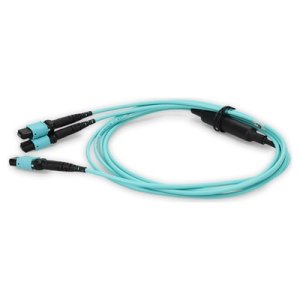 20m 2xMPO-16 (Female) to MPO (Female) 16-strand Aqua OM4 Crossover OFNR (Riser-Rated) Fiber Fanout Cable