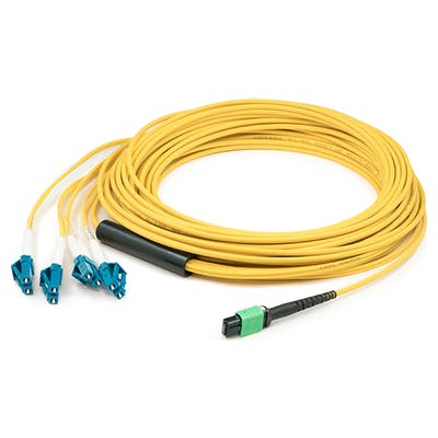 5m MPO (Female) to 8xLC (Male) 8-Strand Yellow OS2 OFNR (Riser-Rated) Fiber Fanout Cable