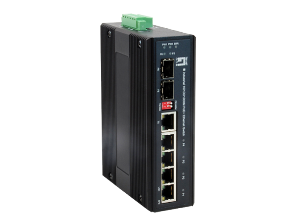 LevelOne 6-Port Gigabit PoE Industrial Switch, 802.3at/af PoE, 4 PoE Outputs, 1 x SFP, 1 x SFP/RJ45 Combo, DIN-Rail, -40°C to 75°C, 126W, voltage booster
